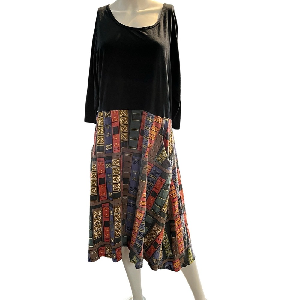 Svaha Dress Black Bodice Book Shelf Print Skirt Midi 1X Organic Cotton Teacher